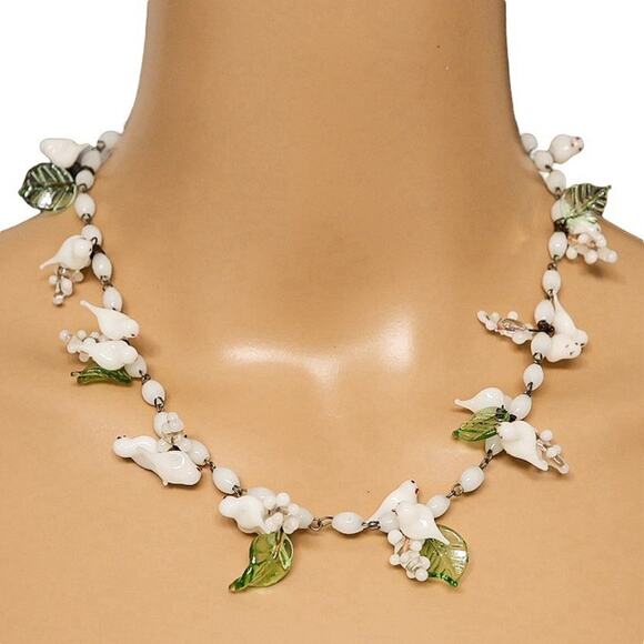 Vintage Murano Venetian Glass Tutti Frutti White Birds Necklace 17” - Picture 1 of 7